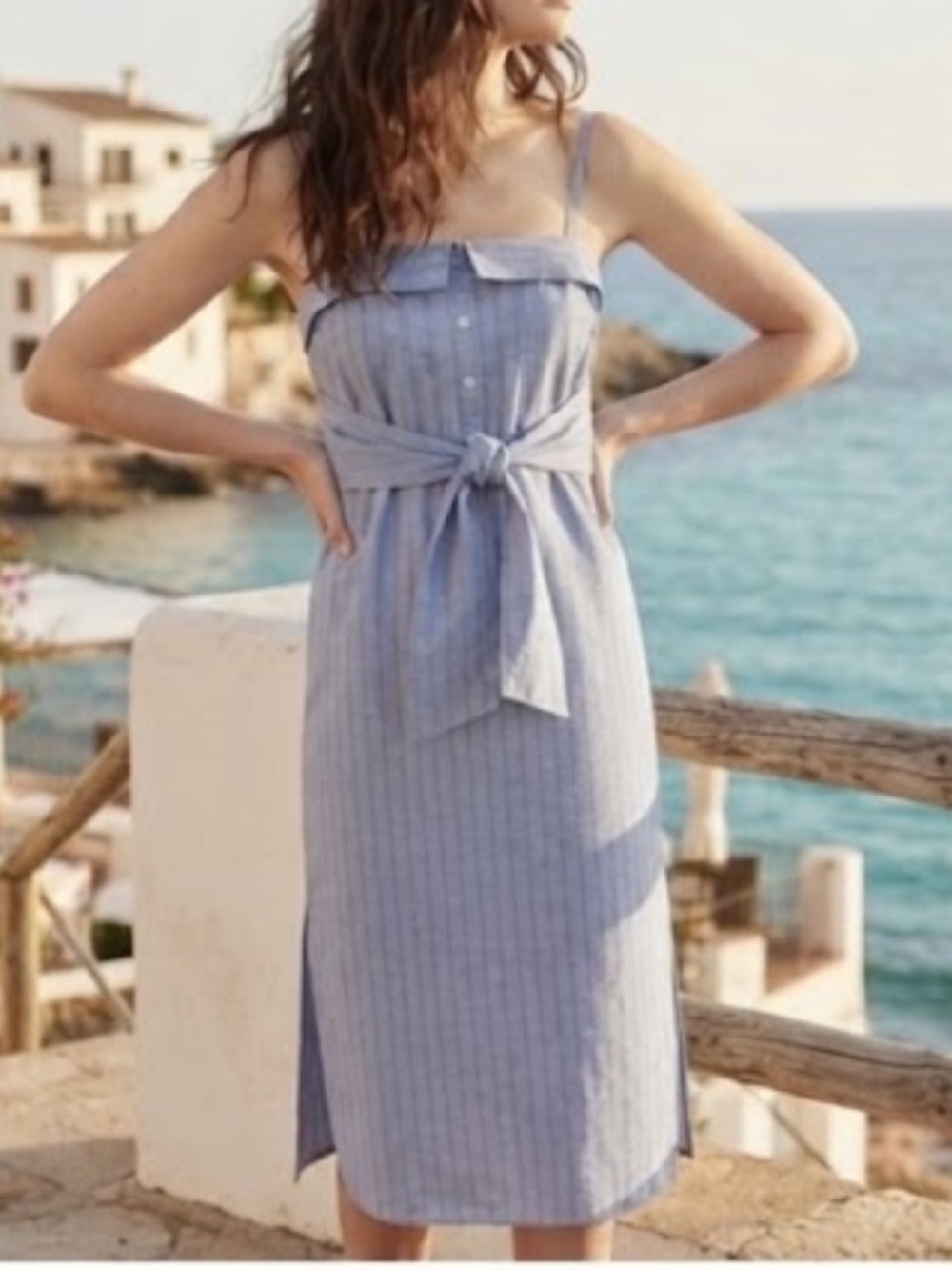 CLUB MONACO Striped Radura Midi Dress Sleeveless Tie Waist Nautical Size 4